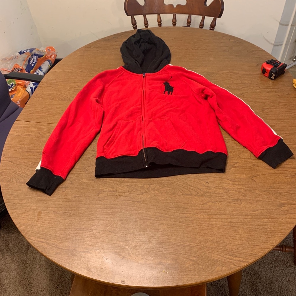 Polo Ralph Lauren Big Pony Zip Up Hoodie Red Youth Size L(14-16) **hole**